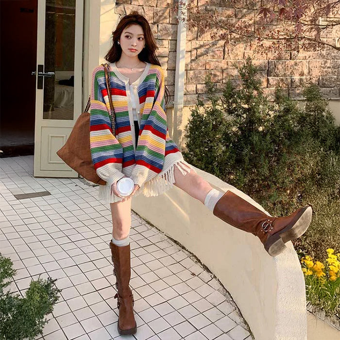 マルチボーダーフリンジカーディガン