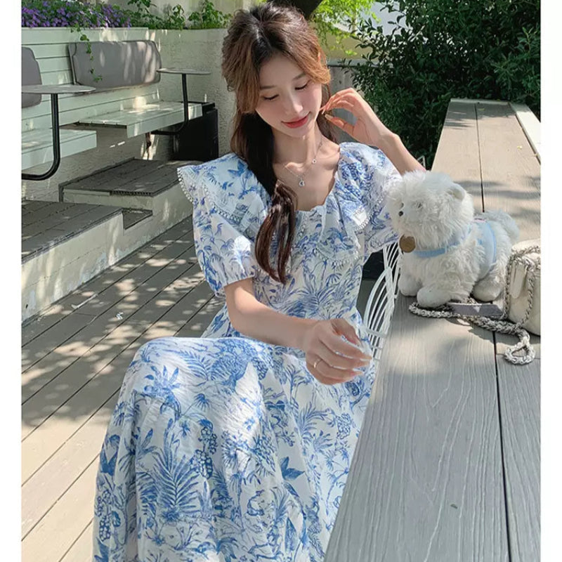 ラッフルカラーボタニカルプリントワンピ