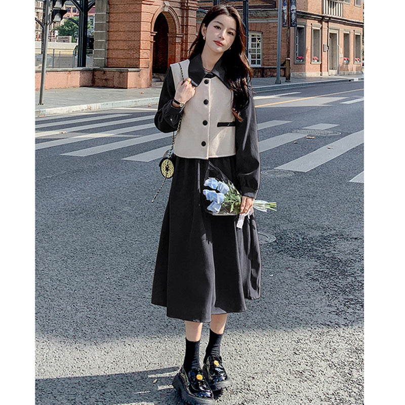 【即納】2WAYバイカラーベスト×ワンピースセット