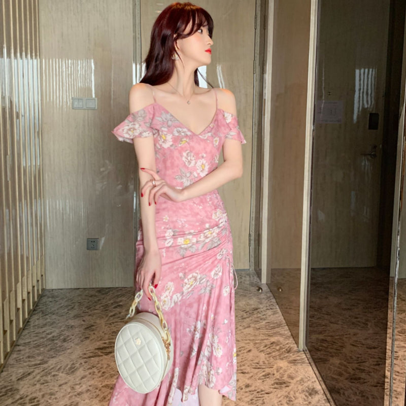 シフォンフラワープリントドレス