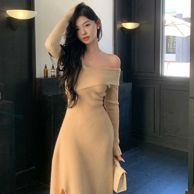 オフショルダーリブニットワンピース