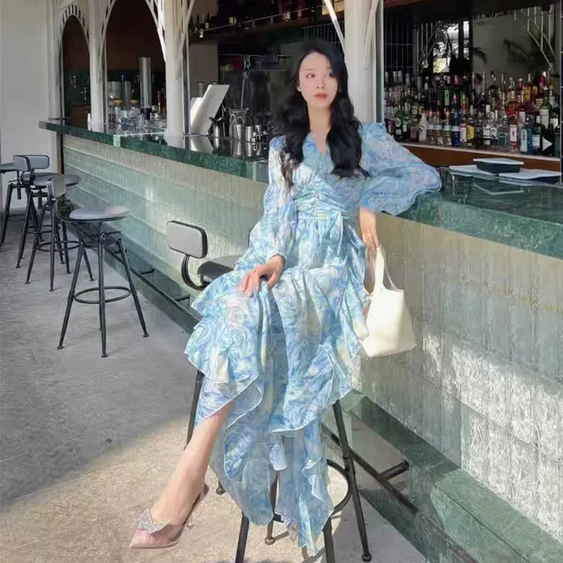 アートブルーエレガントワンピース