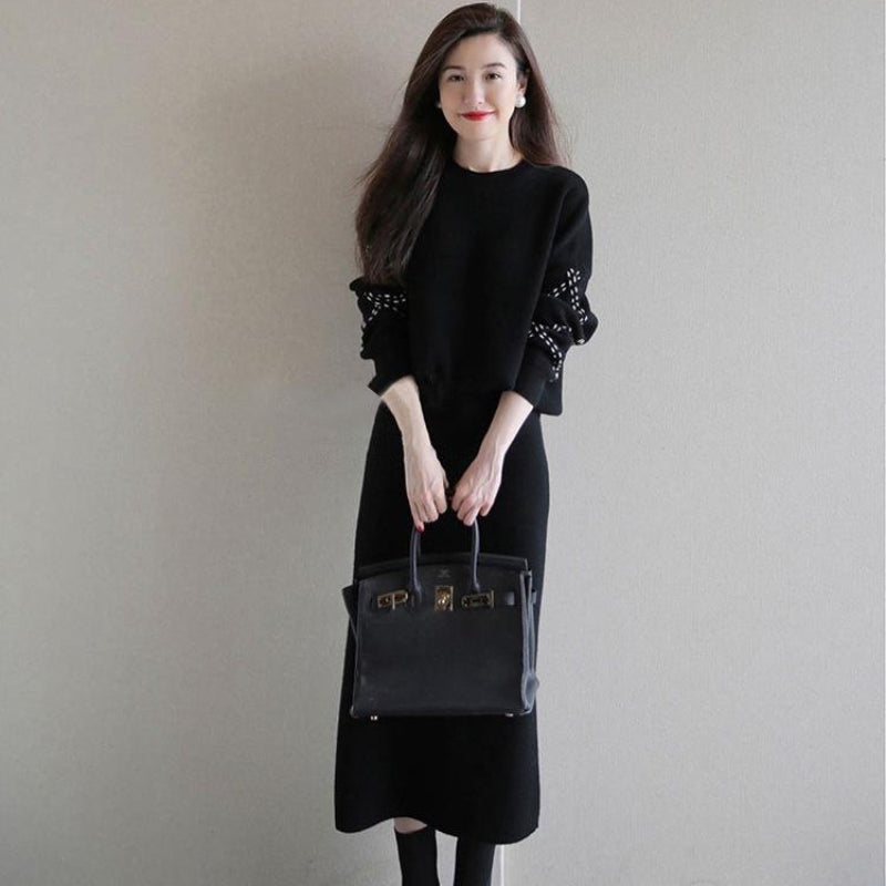 ステッチスリーブニット×スカートツーピースセット(3colors)