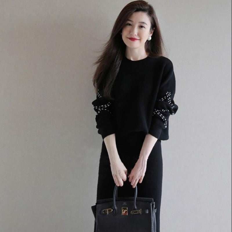 ステッチスリーブニット×スカートツーピースセット(3colors)