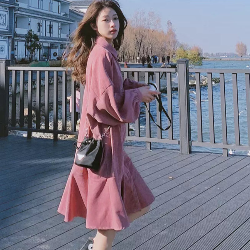 コーデュロイショート丈ワンピース