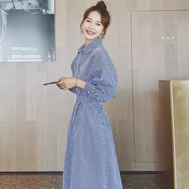 【即納】ブルーストライプシャツワンピース