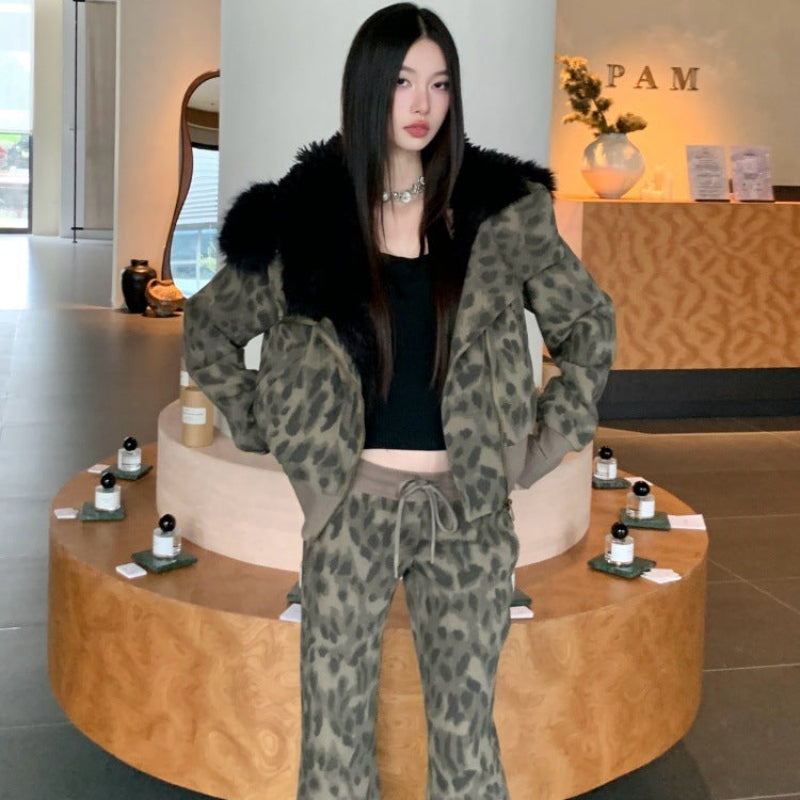 レオパードスウェットファーパーカー×パンツセット