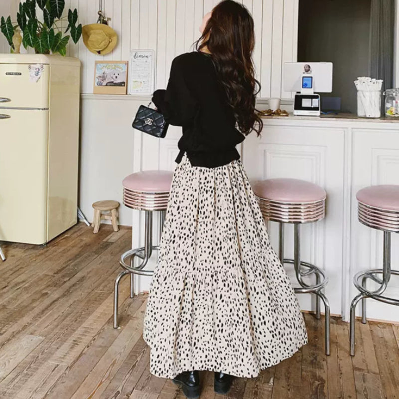 【即納】Vネックトップス×ダルメシアンスカートドッキングワンピース