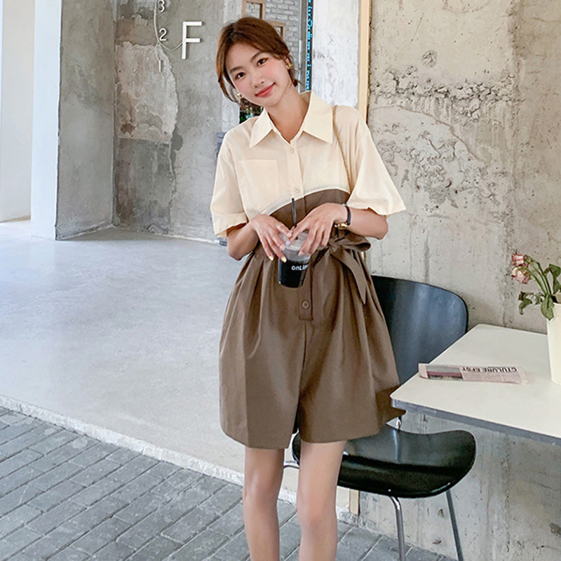 バイカラーウエストリボン ショートオールインワン