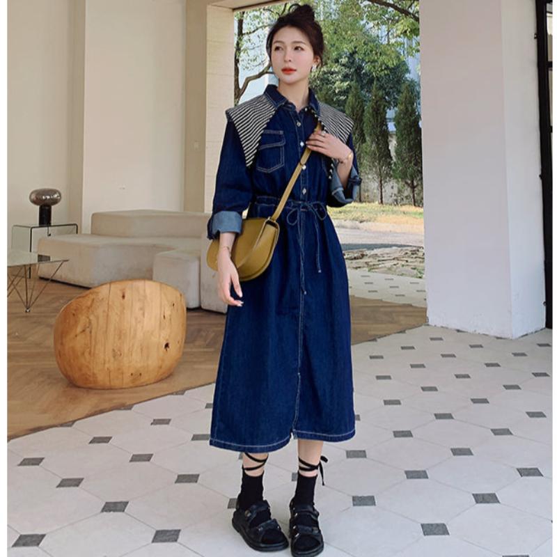 ストライプスカーフ付きデニムワンピース