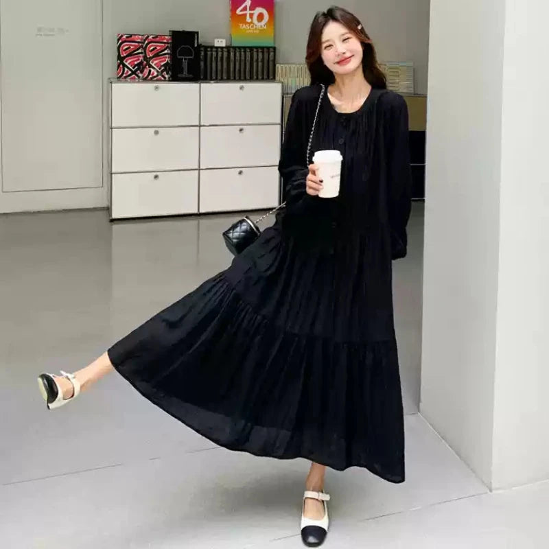 フロントボタンティアードワンピース（黒）秋/冬 ボディラインカバーコーデ