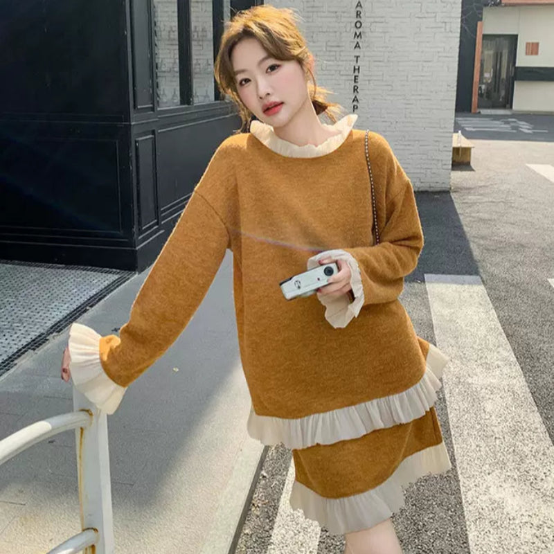 レースデザインニットトップス×ミニスカート(2colors)