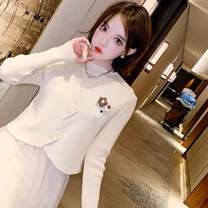 ショートベスト付きチュールニットワンピース(2colors)