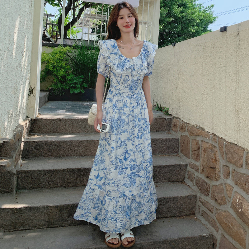 ラッフルカラーボタニカルプリントワンピ