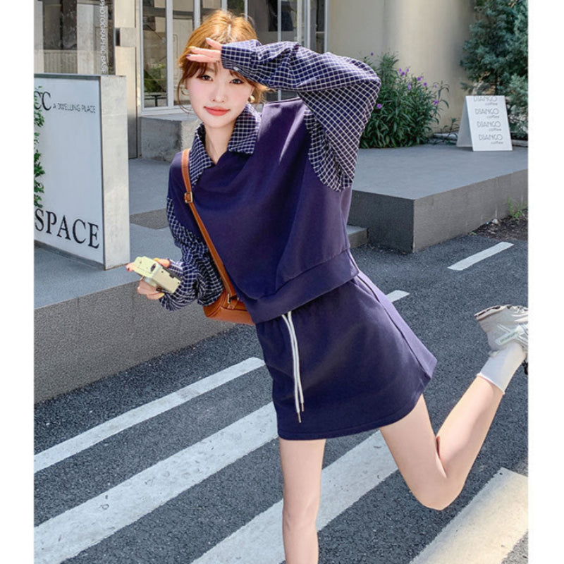 ブルーチェックレイヤードスウェットスカートセット