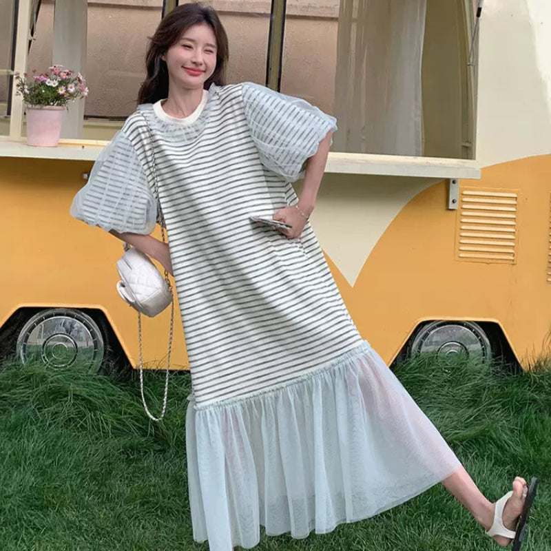 ストライプメッシュTシャツワンピース