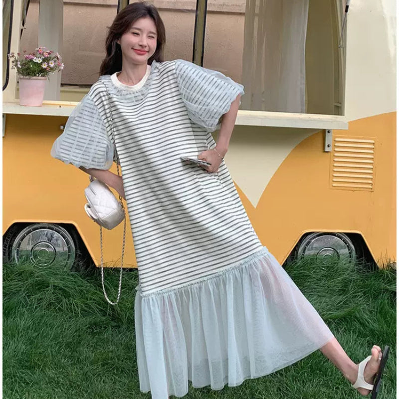 ストライプメッシュTシャツワンピース