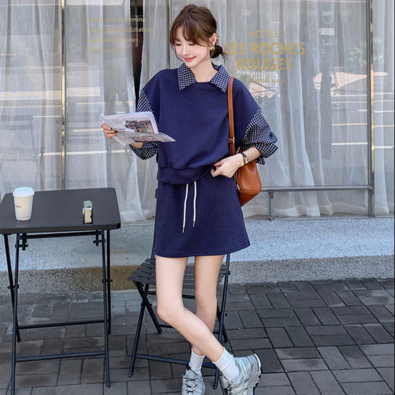 ブルーチェックレイヤードスウェットスカートセット