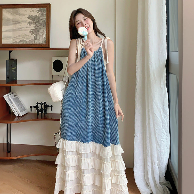 リボンキャミソール切り替えティアードワンピース