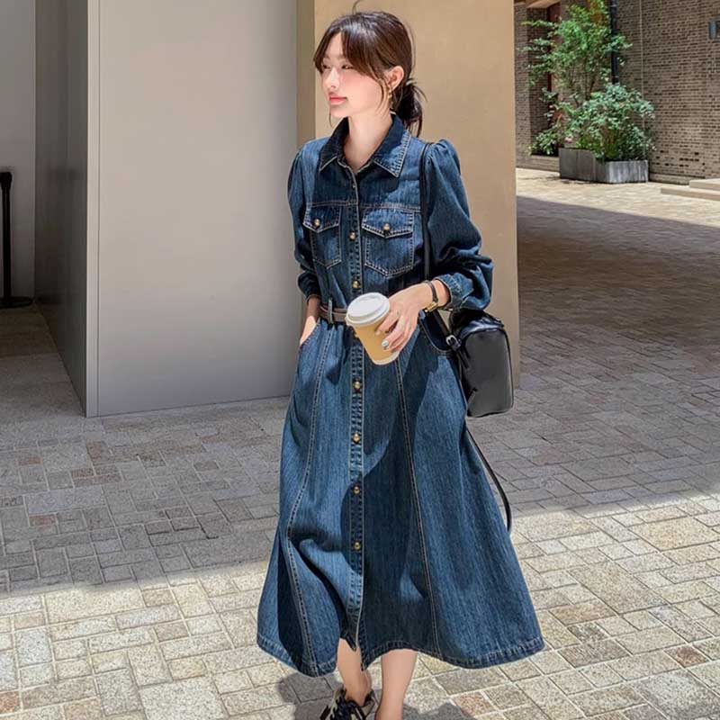 レトロ調デニムシャツワンピース