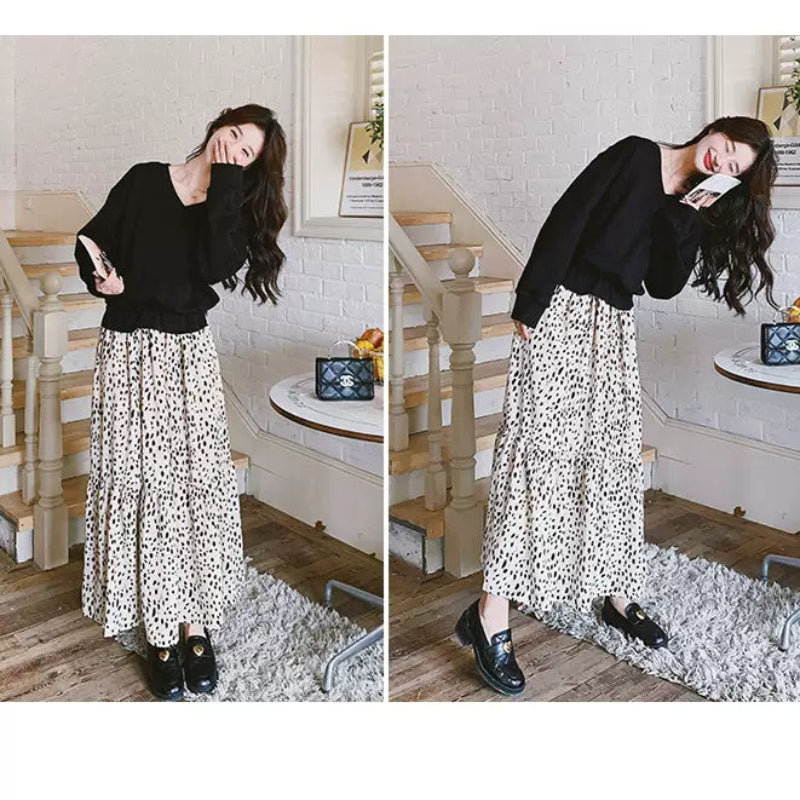 【即納】Vネックトップス×ダルメシアンスカートドッキングワンピース