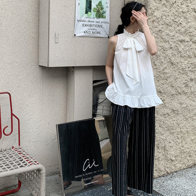 フリルボウタイノースリーブブラウス