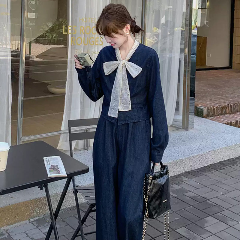 レースリボン付きデニムスーツジャケット×ワイドパンツ
