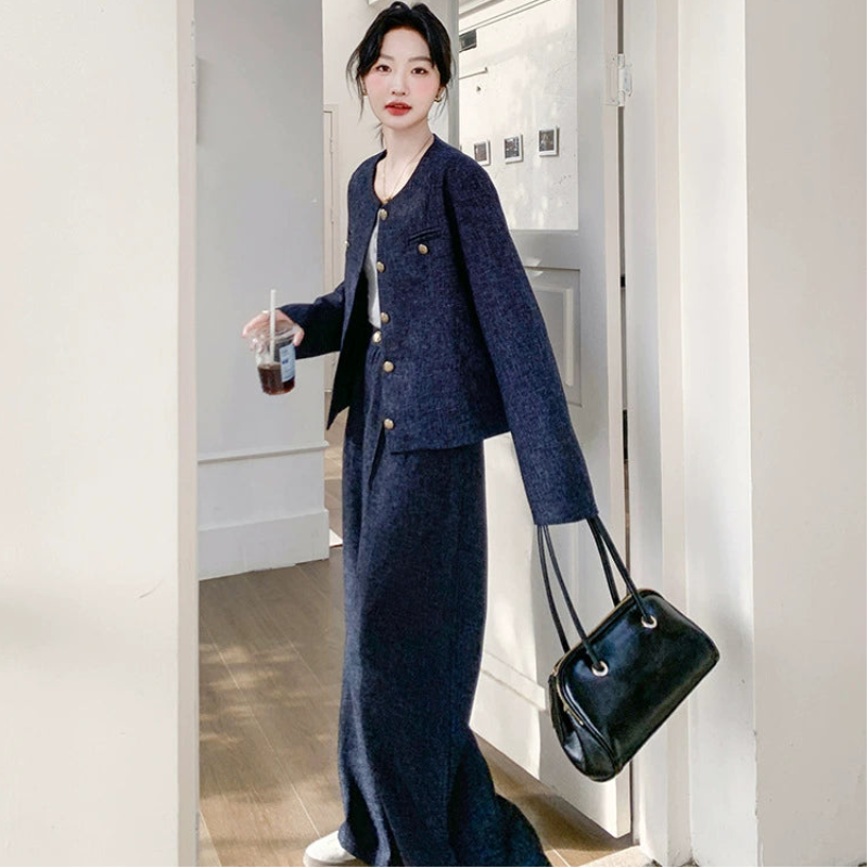 ノーカラージャケット×ワイドパンツセット