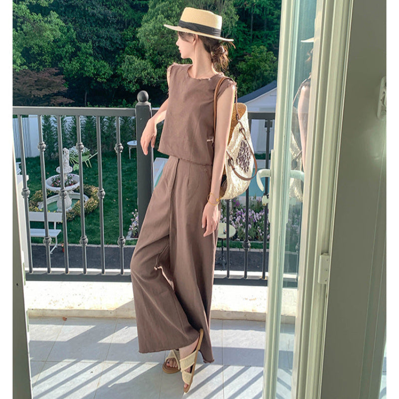 ノースリーブトップス×ワイドレッグパンツスーツ(2colors)