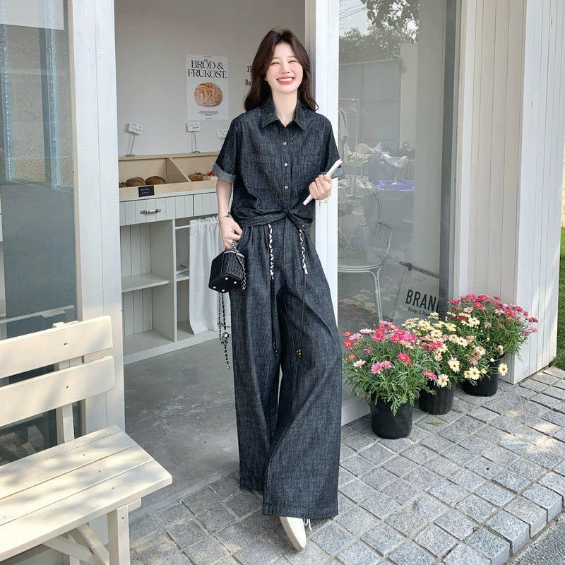 ライトデニムシャツ×ワイドパンツセット