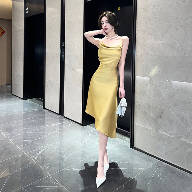 エレガントサテンアシンメトリードレス