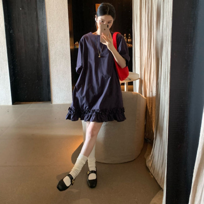 ネイビー5分袖ショート丈フリルワンピース