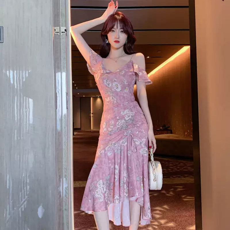 シフォンフラワープリントドレス