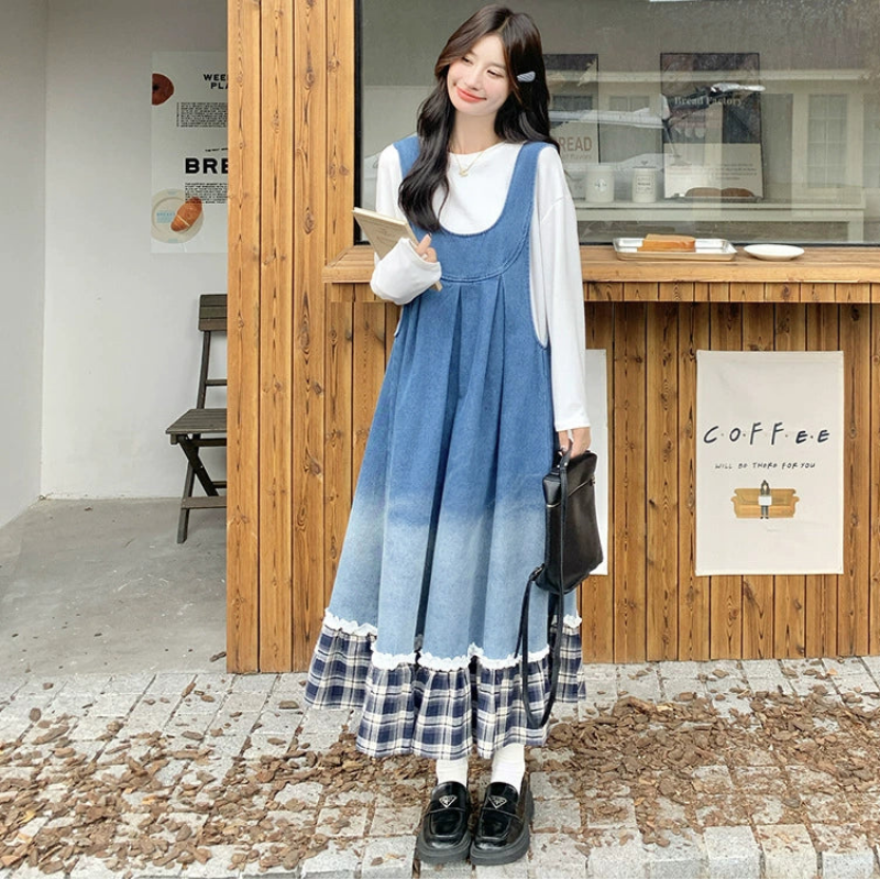 トリムチェックデニムジャンパースカート