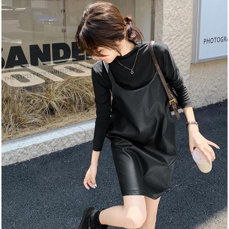 タートルトップス×PUレザーワンピースセット(2colors)