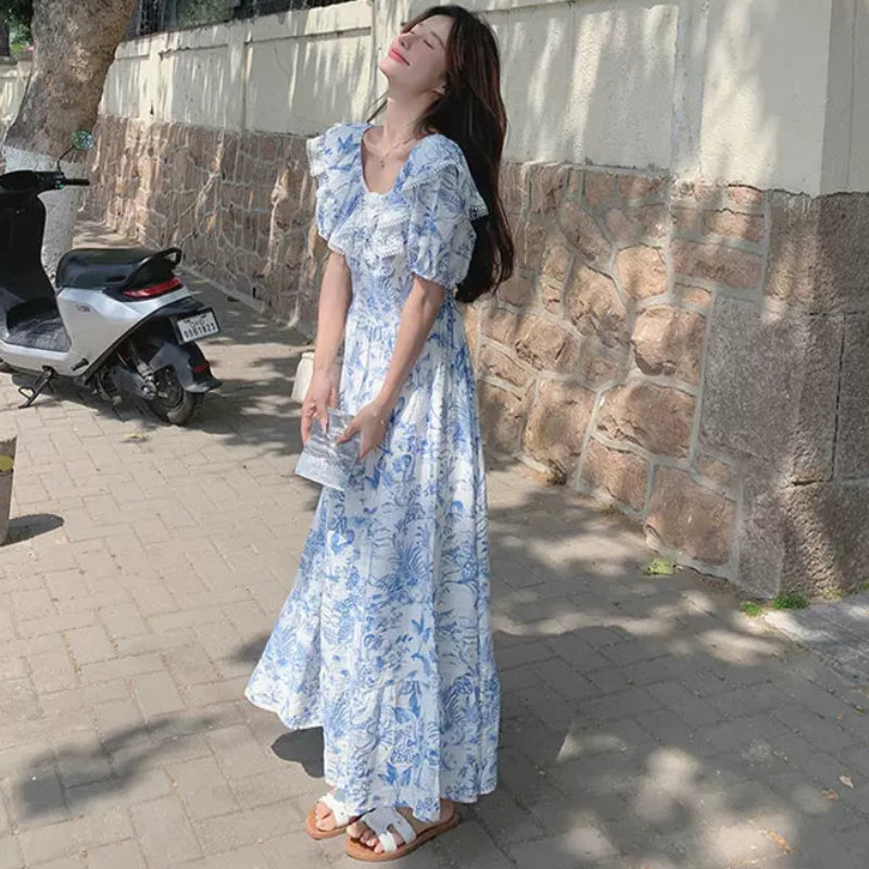 ラッフルカラーボタニカルプリントワンピ