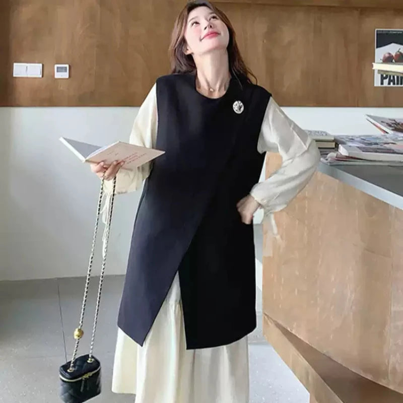 ロングベスト×ワンピースレイヤードセット