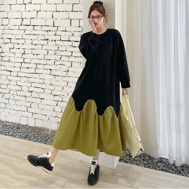 モードデザイン切り替えワンピース (黒・黄) 秋/冬/春 X～3XL おしゃれ