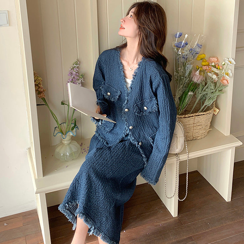 デニムフリンジジャケット×スカートセット