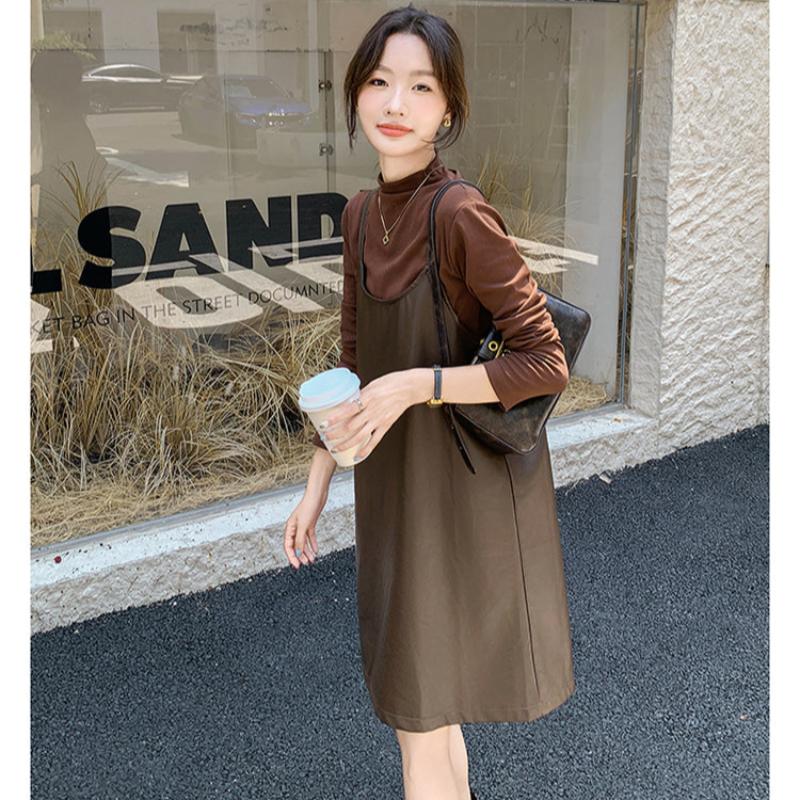 タートルトップス×PUレザーワンピースセット(2colors)