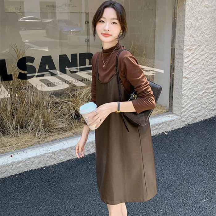 タートルトップス×PUレザーワンピースセット(2colors)