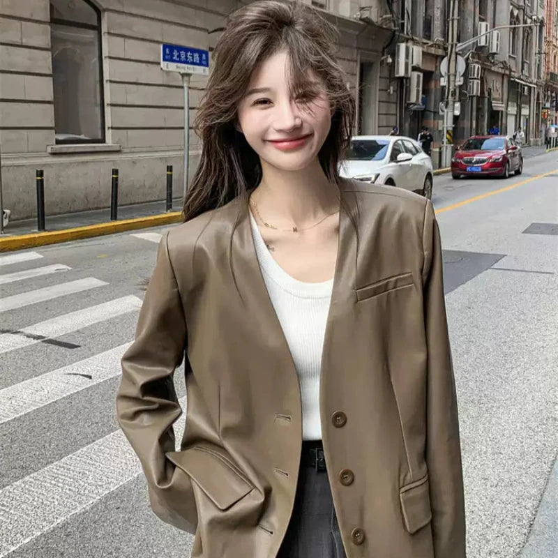 ノーカラーVラインPUレザージャケット