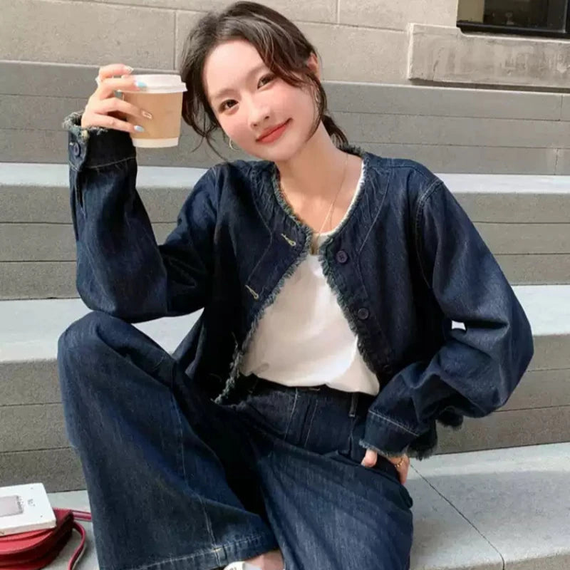 【即納】タッセルデニムジャケット×ワイドパンツセットアップ