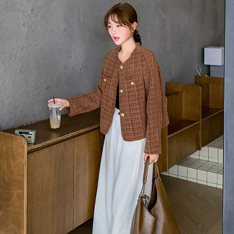 ブラウンツイード風ノーカラージャケット