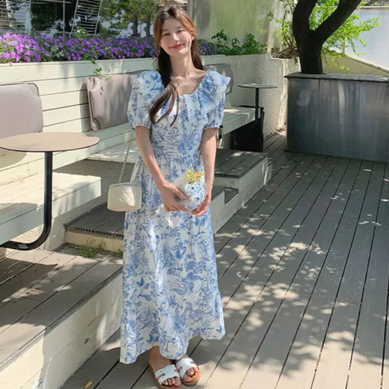 ラッフルカラーボタニカルプリントワンピ