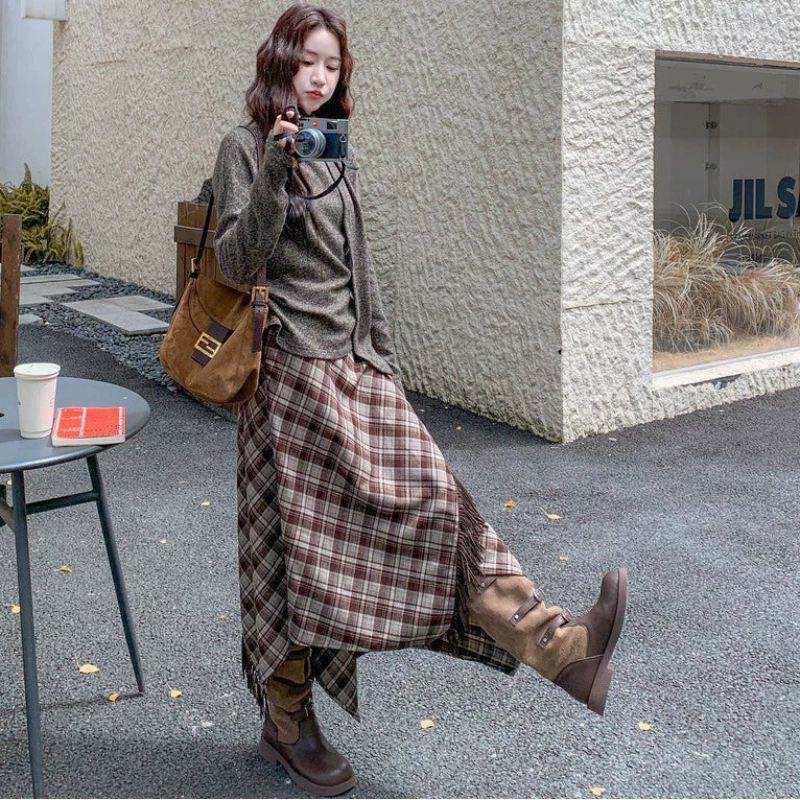ニットトップス×アシメチェックスカートセット