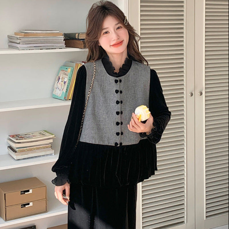 エレガンスベルベットベスト×トップス×スカート3点セット