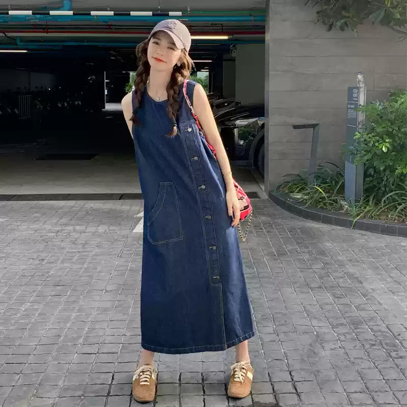 アシンメトリーデニムワンピース(青) 春/夏/秋 ロングシーズン着回せる