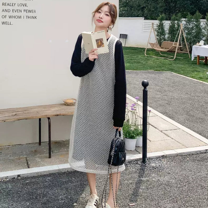 メッシュニット×ブラックワンピースコーデセット