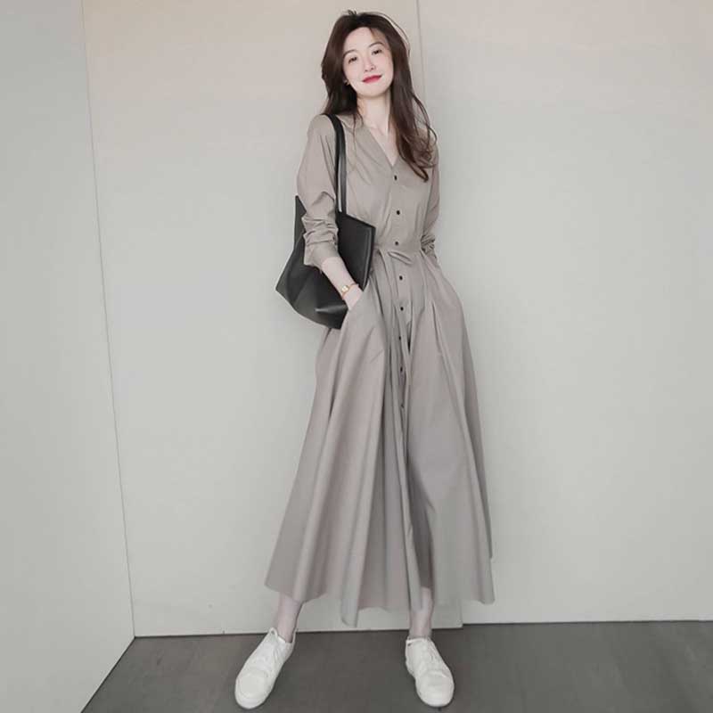 ウエストリボンVネックシャツワンピース